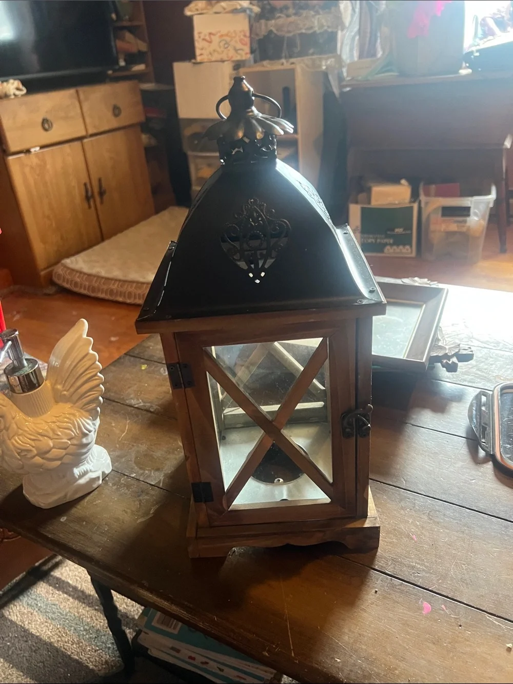 Rustic Wood and Black Metal Lantern - Home Accents